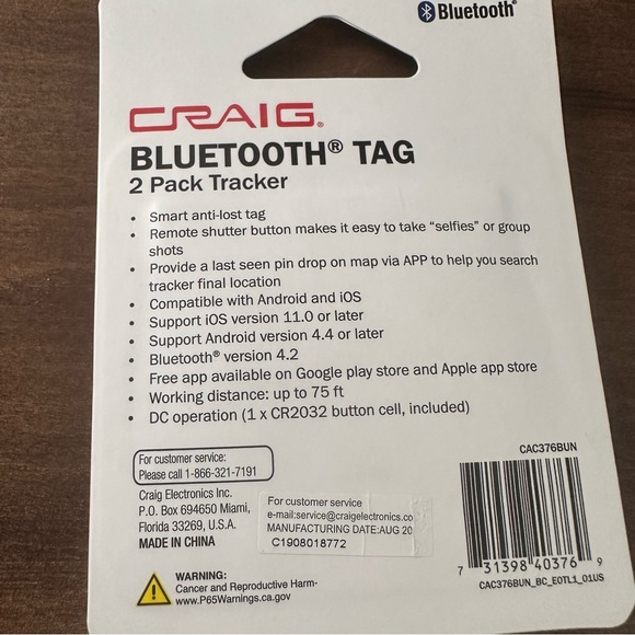 Craig Bluetooth Tag 2 Pack Tracker Remote Shutter Button Selfies Lost Alarm NEW - Picture 3 of 3